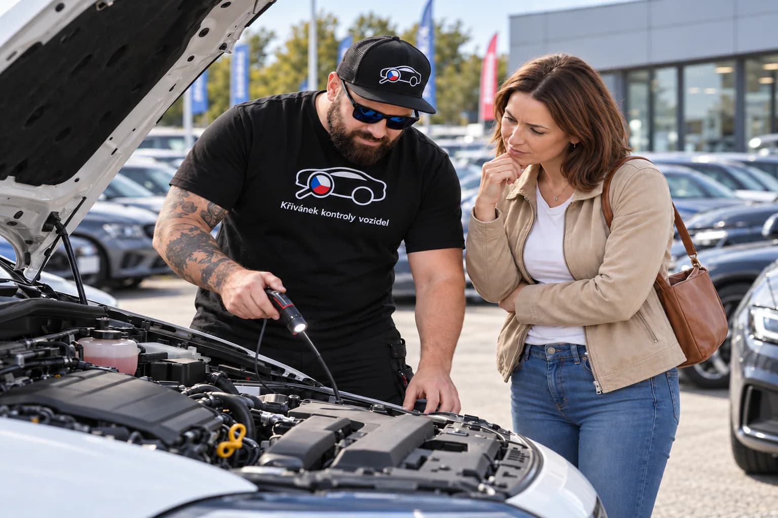 Ladislav Křivánek kontroluje motorový prostor se zákaznicí